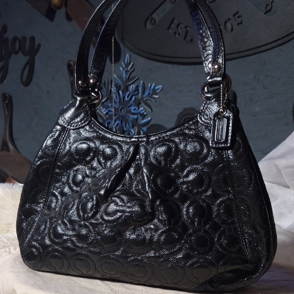 Coach Shiny Black Embossed Shoulder Bag